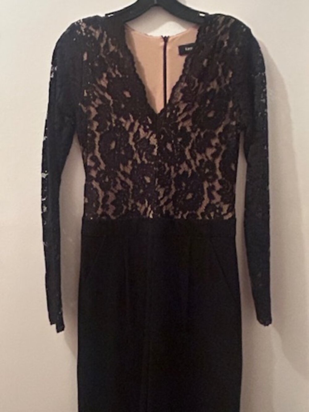 Karen Kane Ava Rich Black Lace Nude Lined Bodice Long Sleeve Zip Back Jumpsuit